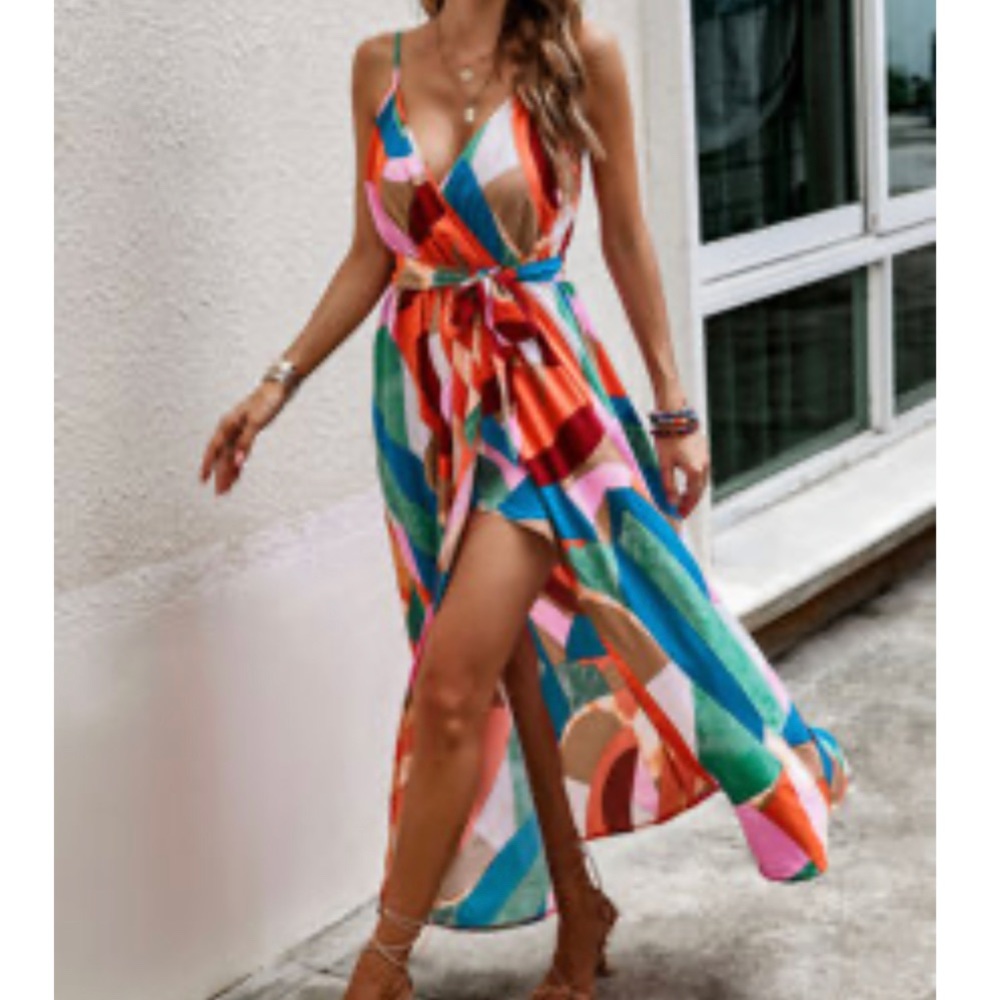 Colorblock Wrap Hem Belted Cami Dress